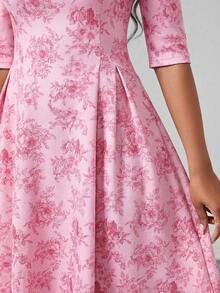SHEIN Lady Women's Floral Print Round Neck Elegant Mid-Length Dress, Spring/Summer - Pink - View 4