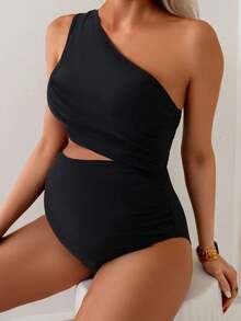 Swim Vcay Solid Color Maternity One-Piece Swimsuit, Sexy Backless Sleeveless For Vacation For Summer - Black - View 1