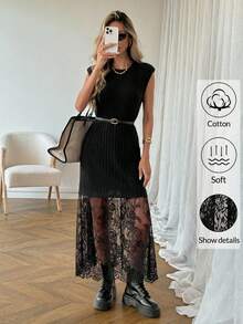 SHEIN LUNE 女士休闲纯色纹理罗纹面料蕾丝拼接无袖长裙，适合日常穿着、通勤，时尚百搭，春夏皆宜。这款连衣裙适合春季度假和夏季穿着，款式多样，包括休闲长裙、外出连衣裙、夏日连衣裙等。黑色款适合日常穿着、通勤、夏季穿着等多种场合。 - 黑色 - 查看 5