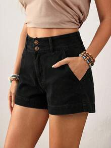 EMERY ROSE Plus Size Solid Color Straight Pocket Casual Summer Versatile Denim Shorts - Black - View 4