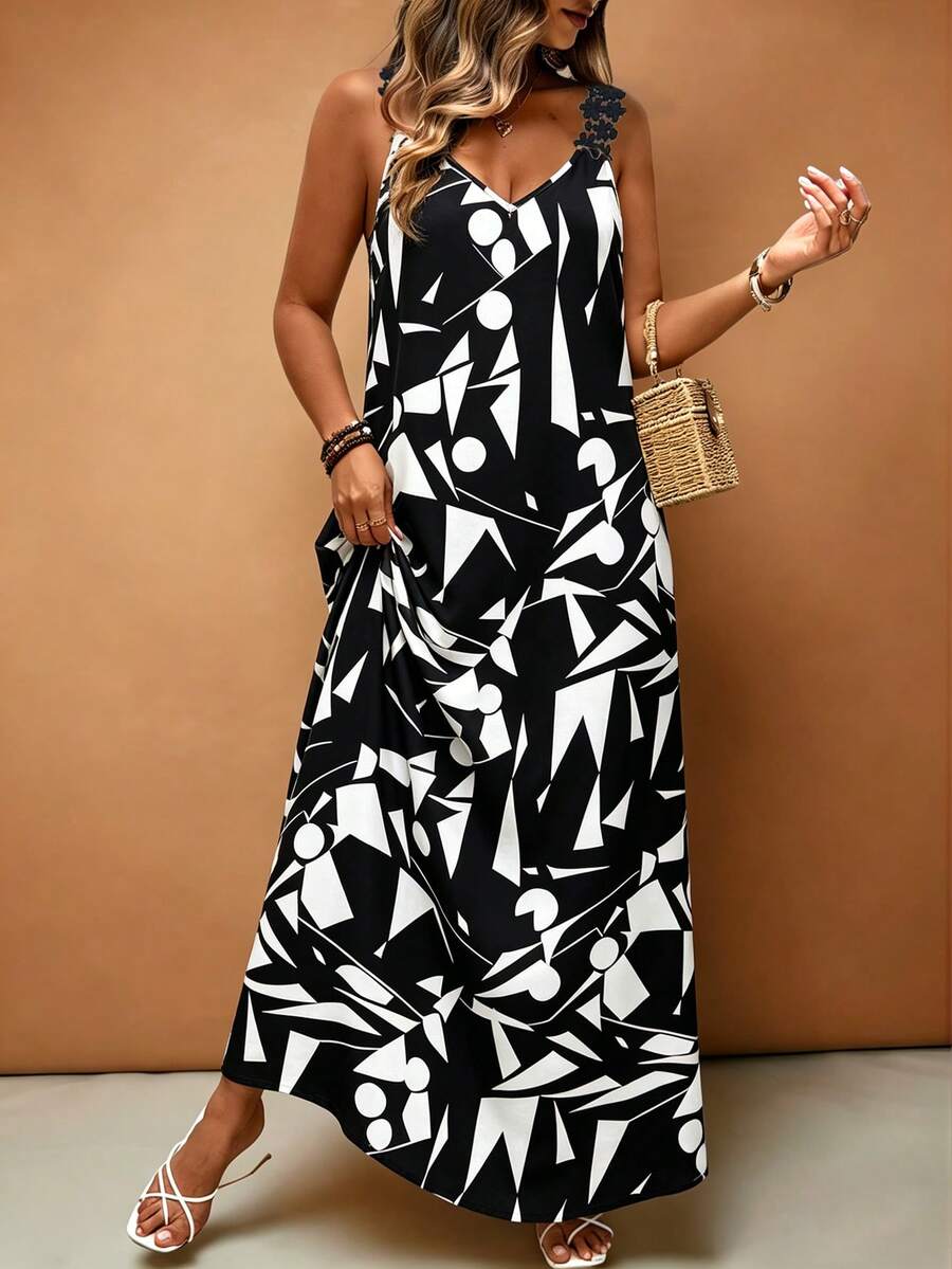 EMERY ROSE Plus Size Women Vacation Lace Trim Solid Color French Style Dress - Black and White - View 1