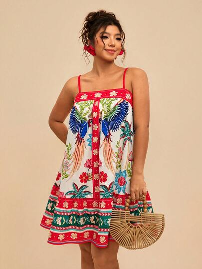 Travachic Plus Size Tropical Colorful Green Plant Print Sleeveless Short Dress, Casual Summer To Early Autumn Vacation Dress