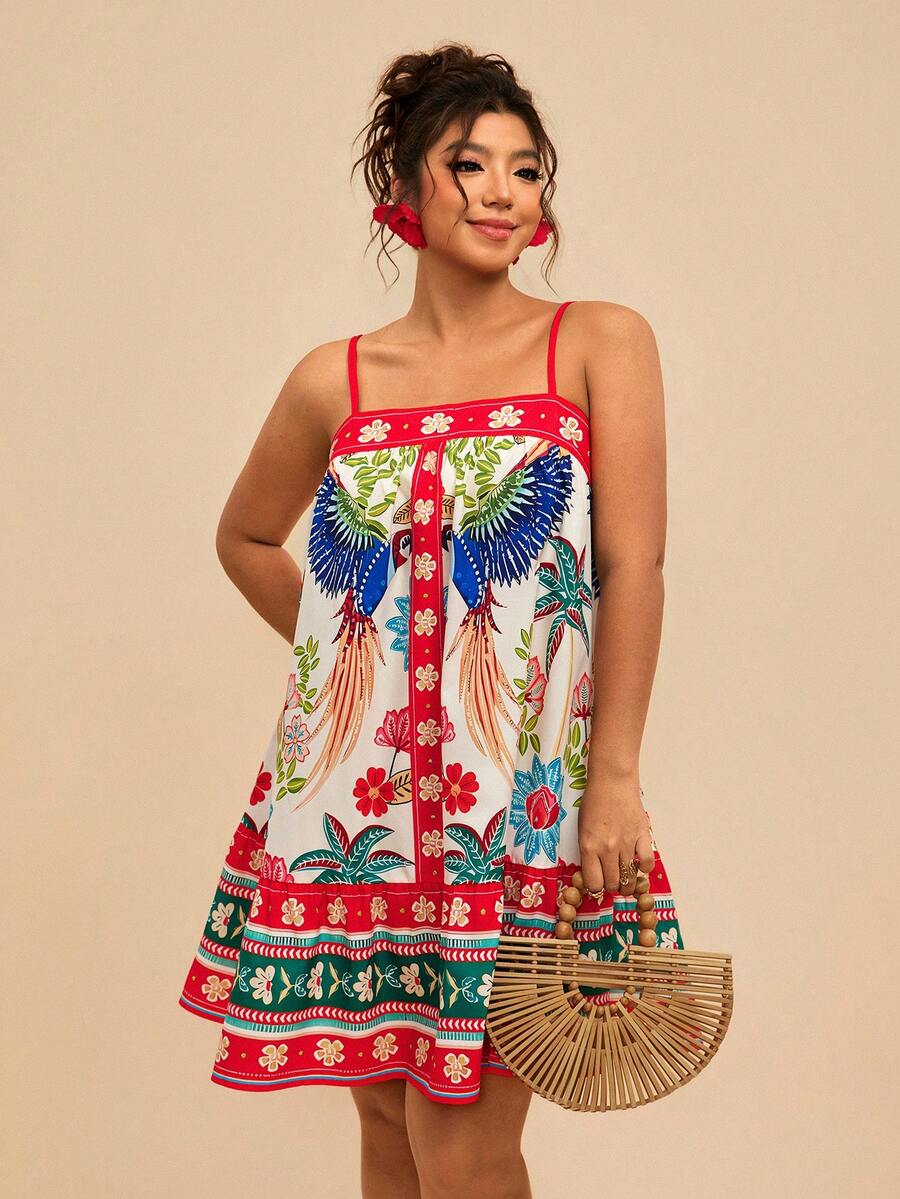 Travachic Đầm ngắn không tay cỡ lớn in họa tiết cây cỏ nhiệt đới nhiều màu sắc, thích hợp cho kỳ nghỉ hè đến đầu thu. - Nhiều màu - Xem 1