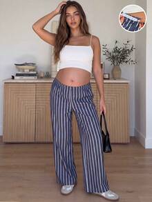 SHEIN Adjustable Waist Striped Wide Leg Loose Casual Pants For Pregnant Women - Navy Blue - View 1