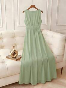 Franclia Plus Size Women's Sage Green Summer Elegant Wedding Guest Jumpsuit,V-Neck Sleeveless Ruched Chiffon Waist Flowy Hem French Sicily Vacation - Green - View 2