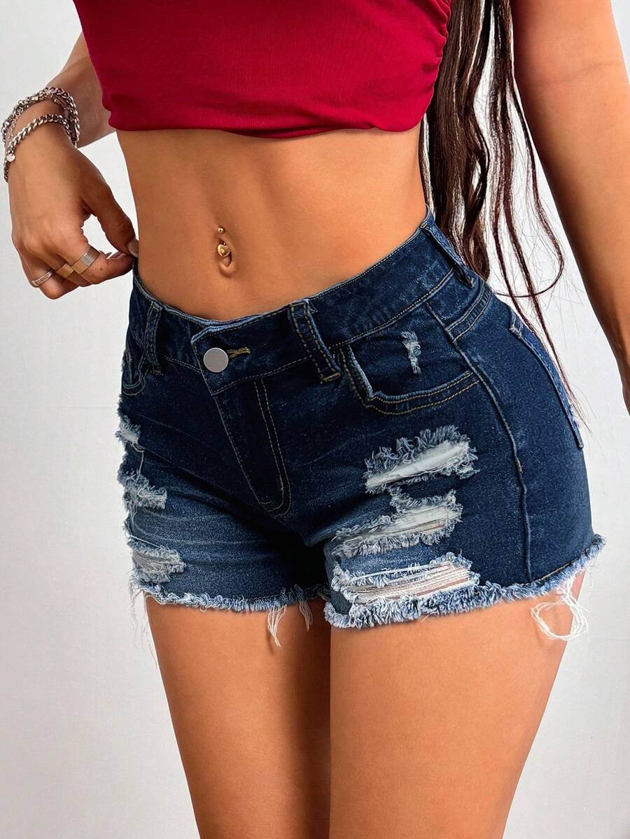 SHEIN PETITE Shorts vaqueros azules de mujer, sexy, ajustados y elásticos con roturas - Azul lavado oscuro - Ver 1