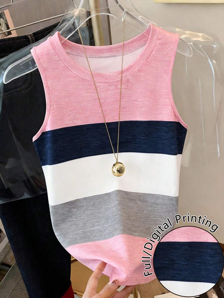 Resyla Camiseta de tirantes casual y versátil con cuello redondo y rayas para mujer - Multicolor - Ver 1