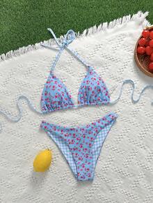 SHEIN Swim 新款女士夏季两件套泳衣，随机花卉格纹印花三角挂脖比基尼上衣和下装，适合海滩度假 - 彩色 - 查看 7