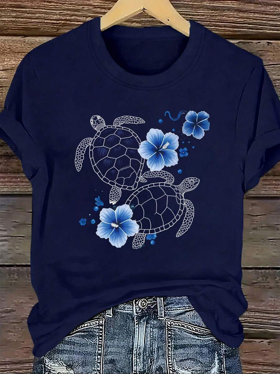 EMERY ROSE 女士海龟花卉印花短袖休闲圆领T恤 - 藏蓝色 - 查看 1