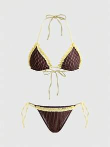 ROMWE Avant Conjunto de bikini de lunares y cuadros retro para mujer, adecuado para salidas, vacaciones, festivales de música, fiestas en la piscina, carnavales y otras ocasiones de verano en la playa - amarillo parduzco - Ver 2