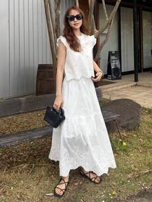 FRIFUL 女士春夏休闲度假风纯色刺绣系带荷叶边袖口上衣和迷你裙两件套家居服套装 - 白色 - 查看 7