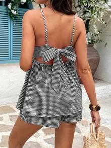 SHEIN Maternity Plaid Ruched Camisole Top And Adjustable Waist Shorts Casual 2 Pieces Set - Black and White - View 4
