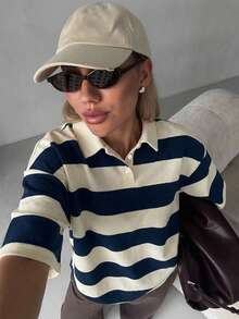 Ladies' Black & White Striped Loose Polo Neck Short Sleeve T-Shirt, Casual Summer Wear Oversized T-Shirt - Navy Blue - View 7