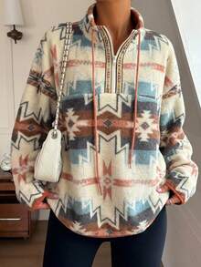 FRIFUL Women's Stand Collar Color Block Drawstring Drop Shoulder Long Sleeve Lamb Wool Fabric Hem Cinched Loose Casual Versatile Sweatshirt, Autumn/Fall - Multicolor - View 8