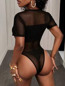 BamGleam 2026春夏性感极简网纱撞色蕾丝圆领连体衣（女款） - 黑色 - 查看 2