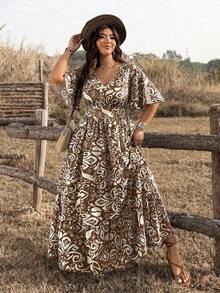 Ceyna 大码印花短袖休闲连衣裙 - 咖啡棕 - 查看 4