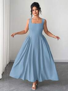 Elenzga Plus Size Women's Elegant Square Neck Spaghetti Strap A-Line Ruched Midi Dress,Dusty Blue,Summer,Wedding Guest,Formal Prom Evening Dresses - Dusty Blue - View 3