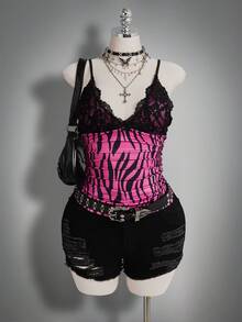 SHEIN ICON Plus Size Women Lace Patchwork Ruffle Bow Decor Printed Tank Top, Hip Hop Style - Multicolor - View 5