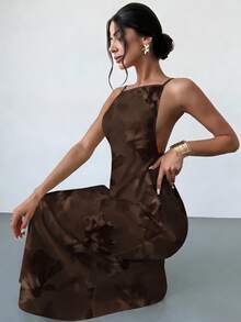 Firerie 女士纯色休闲吊带露背连衣裙，印花宽松夏威夷度假风连衣裙，棕色 - 棕色 - 查看 8