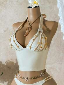 Bellisia Women's Tankini Island Beach Resort Elegant Handmade Beaded Rope Decor Sexy Casual Versatile Swimwear - Apricot - View 2