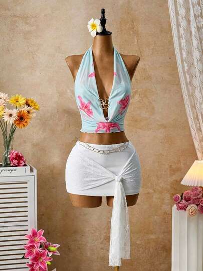 Femesol Áo croptop cổ chữ V khoét sâu gợi cảm dành cho nữ, áo lưới cổ yếm in họa tiết hoa ly hồng lãng mạn, áo tank top hở lưng không tay đính vòng sao biển kim loại, áo croptop mùa hè đi biển họa tiết hoa nhiệt đới dành cho nữ, trang phục đi biển mùa hè cho nữ, trang phục đi nghỉ mát mùa hè cho nữ, trang phục boho mùa hè cho nữ.