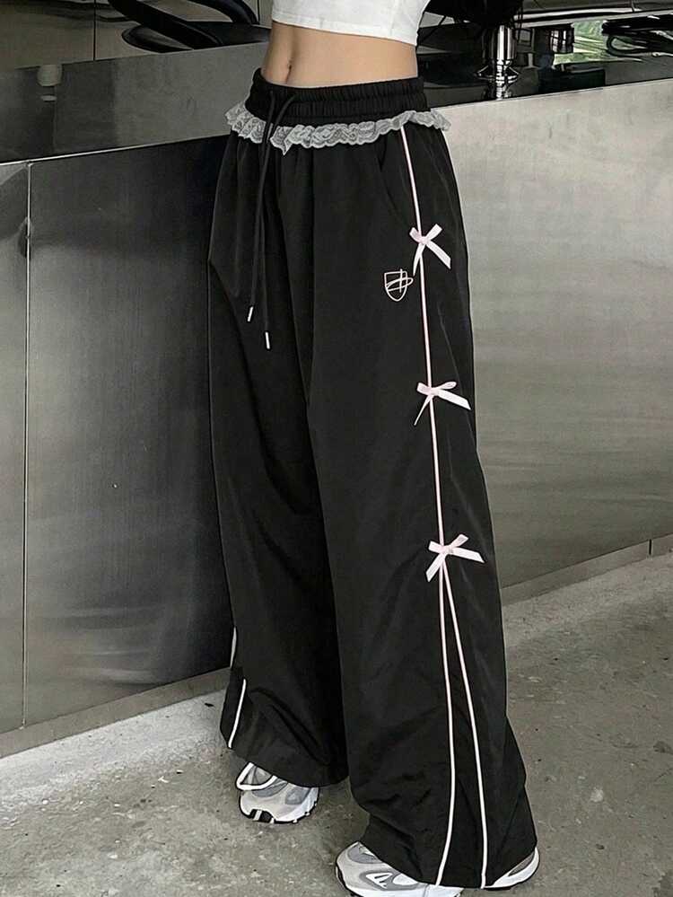 Women's Casual Versatile Bow Decor Lace Patchwork Drawstring Waist Long Pants