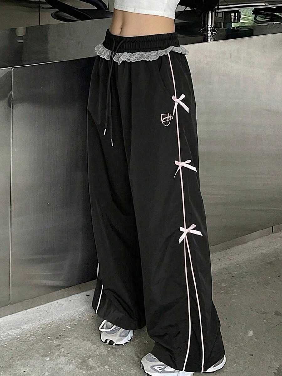 DAZY 女士休闲百搭蝴蝶结装饰蕾丝拼接抽绳腰长裤 - 黑色 - 查看 1