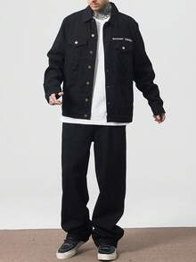 Manfinity Roghcode Conjunto de mezclilla casual estadounidense para hombres con bordado de letra - Negro - Ver 5