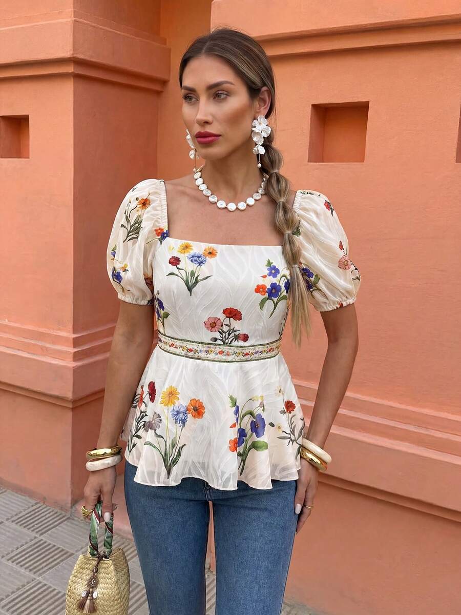 Flora Isola Flora Isola Women's Floral Print Square Neck Short Puff Sleeve Ruffle Hem Blouse, Vacation Style - Multicolor - View 1