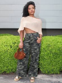 Steph T 女式宽松迷彩直筒牛仔裤，带口袋 - 軍綠色 - 查看 5