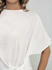 Louniche Women's Casual Versatile Slimming Solid Color Linen Pullover Shirt With Raglan Sleeves And Waist Tie, Suitable For Spring And Autumn - White - View 8
