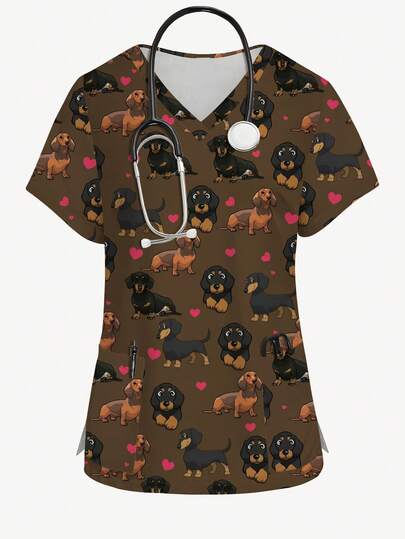 PopScrub Áo đồng phục y tá tay ngắn cổ chữ V in hình hoạt hình chó xúc xích và trái tim, thiết kế thời trang xuân/hè, có túi và xẻ tà hai bên, áo đồng phục y tế kiểu retro, đồng phục chăm sóc sức khỏe dành cho nữ.