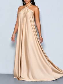 SOLERSUN Women's Elegant Apricot Satin Ruched Halter With Belt Maxi Dress,Ruched Flowy Backless Evening Gown For Formal Party Prom Wedding Guest - Khaki - View 5