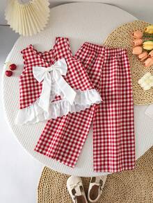 Emery Rose Kids Emery Rose Kids 女童圆领无袖荷叶边格子休闲背心套装，夏季 - 紅色 - 查看 2