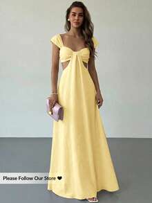 Aloruh Váy maxi phong cách bohemian thanh lịch dành cho nữ, màu be, cổ rộng, khoét lỗ. - Vàng nhạt - Xem 8