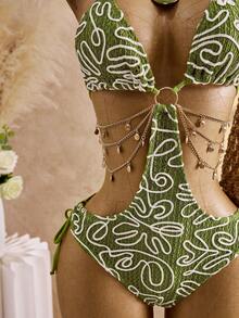 Bellisia Traje de baño de una pieza con estampado completo y atar al cuello, adecuado para vacaciones en la playa, fiestas en la piscina y fiestas en la playa - Verde - Ver 3