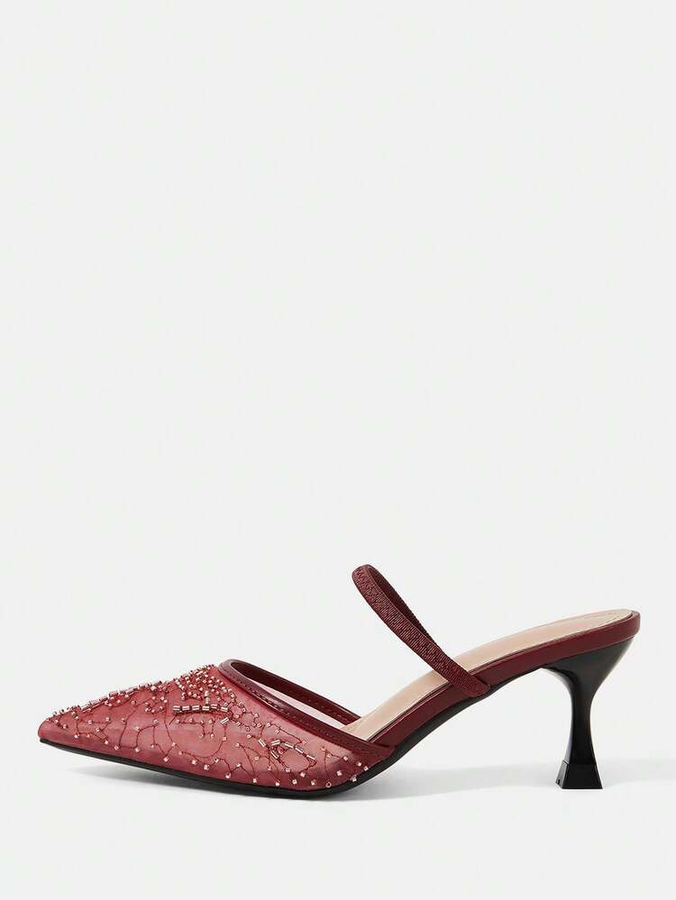 CUCCOO HITCHD Women's New Pointed Stiletto High-Heeled Shoes Are Suitable For Burgundy Mesh Yarn Beads, Heavy Industry, Elegant And Comfortable, Suitable For Commuting, Dating, Wedding Season And Other Wear