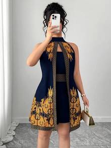 Mono de verano de talla grande para mujer con estampado de batik negro y dorado.Diseño estilizador y retro con cuello halter.Adecuado para: atuendos de viaje con temática del sudeste asiático, fiestas/reuniones, vacaciones y ocio, actuaciones culturales/shows, restaurantes especializados/puestos de costumbres populares - Azul marino - Ver 5