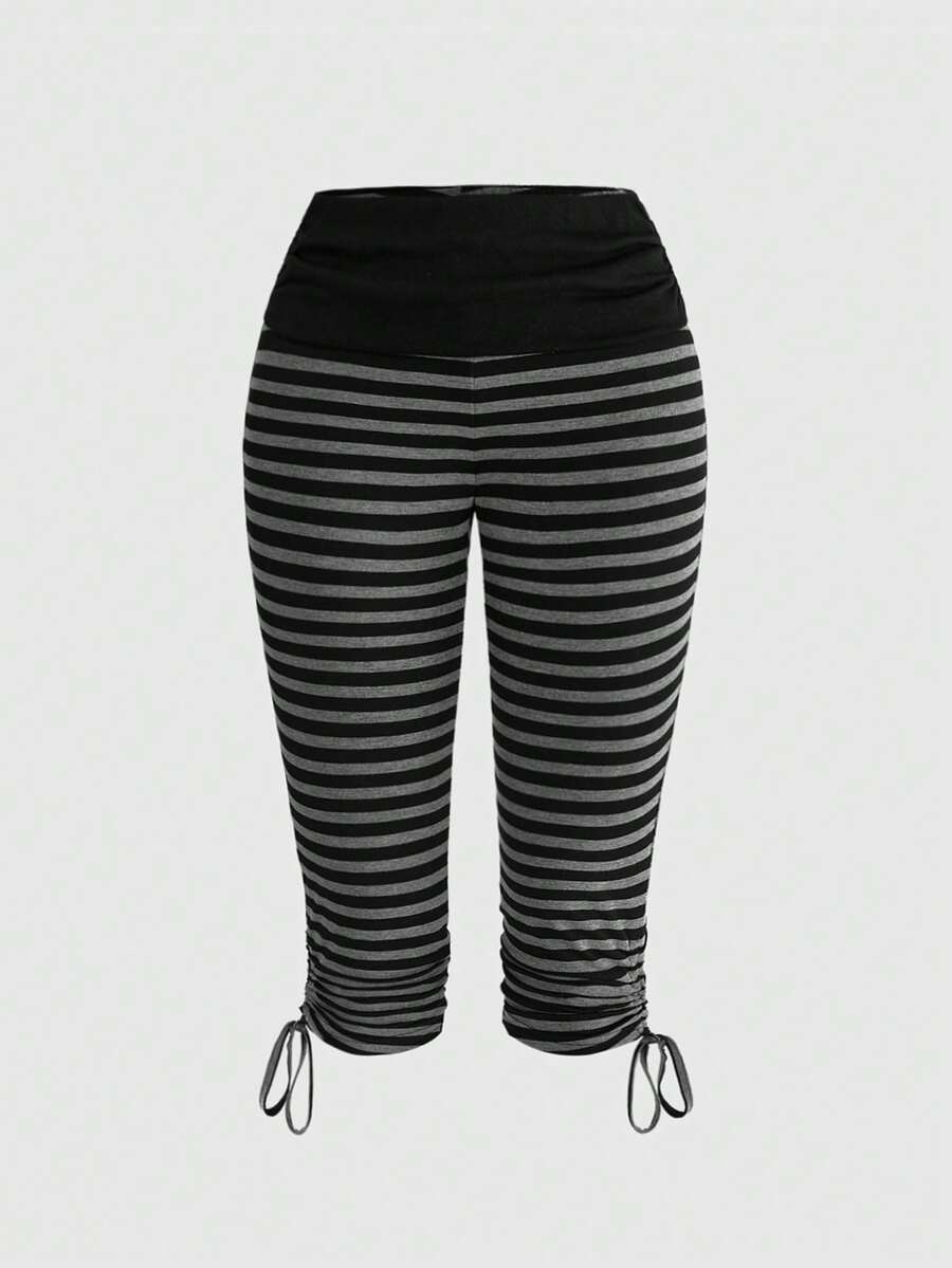 ROMWE Quần legging lửng kẻ sọc thời trang đa năng phong cách Y2K dành cho nữ - Màu xám đen - Xem 1
