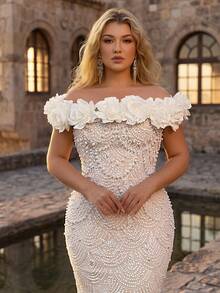 Glamrae Plus Size Elegant Off-Shoulder 3D Floral Luxury Sequins Embellished Fitted Mermaid Hem Dress, Suitable For Evening Party Boda, Date, Prom, Wedding, Bridal Gown (Heavily Embellished) Wedding White Summer - White - View 2