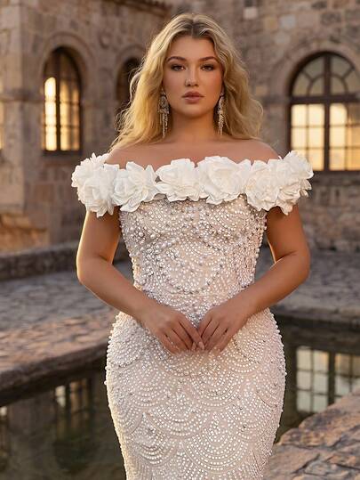 Glamrae Plus Size Elegant Romantic Off-Shoulder 3D Floral Luxury Sequins Embellished Fitted Mermaid Hem Dress, Suitable For Evening Party, Date, Prom, Wedding, Bridal Gown (Heavily Embellished)