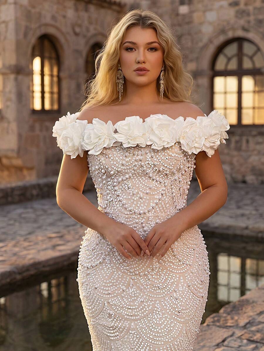 Glamrae Plus Size Elegant Off-Shoulder 3D Floral Luxury Sequins Embellished Fitted Mermaid Hem Dress, Suitable For Evening Party Boda, Date, Prom, Wedding, Bridal Gown (Heavily Embellished) Wedding White Summer