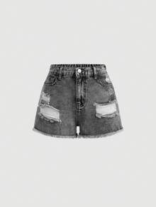 Girlism Quần short denim rách gấu, có túi, kiểu dáng thường ngày. - Màu xám đen - Xem 3