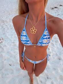 Swim Mod 2pcs/Set Women's Beach Outfit, Fashionable & Cute Resort/Beach/Pool/Party Wear, Ocean Animal Striped Halter Backless Crop Top And Side Tie Bikini Bottom Swimwear - Multicolor - View 1