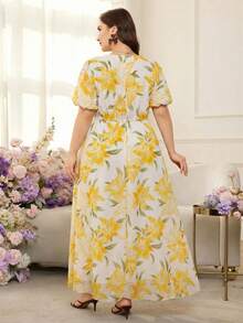 Modelyn Romantic Chiffon Floral Print Puff Sleeve A-Line Plus Size Maxi Dress, Spring/Summer - Multicolor - View 2