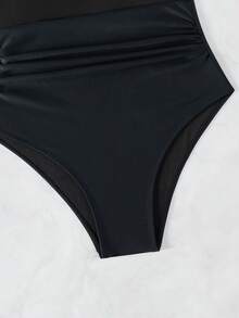 SHEIN Swim 女士波西米亞風格一件式連身泳衣,印花植物和網眼拼接設計 - 黑色 - 查看 4