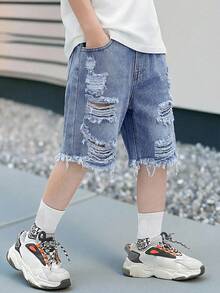Bubblio Quần short denim rách rộng màu xanh dương dành cho bé trai - Rửa trung bình - Xem 11