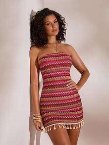 Opulessa Striped Tassel Hem Fitted Tube Mini Dress, Casual Vacation - Red - View 5
