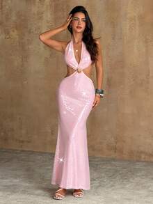 Bluhae Đầm hai dây cổ chữ V đính sequin thanh lịch, tinh tế, lãng mạn và gợi cảm dành cho nữ dự tiệc. - Hồng - Xem 4