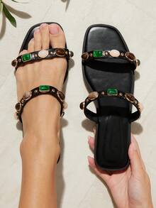 SHUZIA Women's Wide-Fit Minimalist Comfortable, , Double Band Slip-On Flat Sandals With Gemstone Decors - Black - View 2
